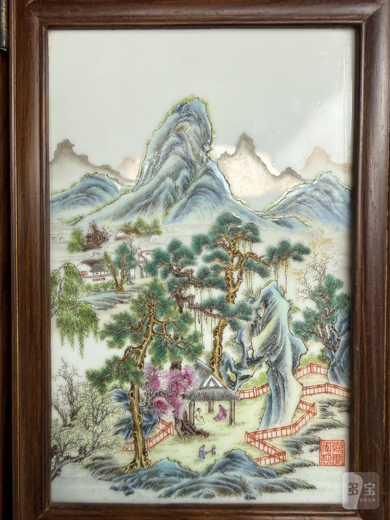 民国  粉彩山水人物图砚屏（一组四件） - 图5